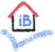 Gekritzel eines Hauses mit rotem Dach, blauer Buchstabe "iB" darin, blauer Haken darunter.