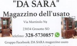 "Volantino del magazzino dell'usato 'Da Sara' con info e foto credenze."