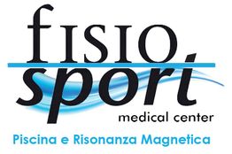 Logo di "fisiosport medical center" con onde blu stilizzate e testo "Piscina e Risonanza Magnetica".