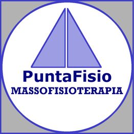 Logo di Punta Fisio Massofisioterapia con due triangoli blu verticali e testo blu su sfondo bianco.