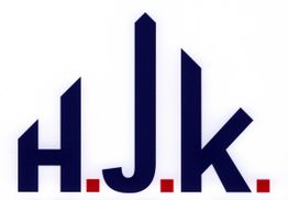 Blaues "H.J.K." auf weißem Hintergrund, rote Punkte zwischen den Buchstaben.