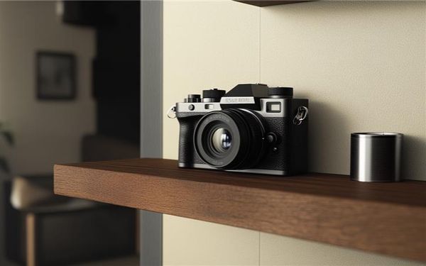 Eine Kamera steht auf einem Wandregal aus Holz. Im Hintergrund ist verschwommen ein Wohnzimmer zu erkennen.