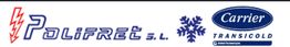Logotipos de Polifret S.L. con rayo rojo y Carrier Transicold con símbolo de copo de nieve.