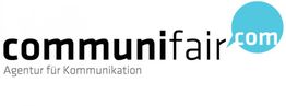 Logo der Agentur "communifair", spezialisiert auf Kommunikation, mit blauem Sprechblasen-Design.