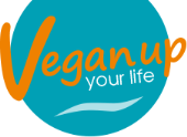 Türkisfarbener Kreis mit dem Text "Vegan up your life" in orange und weiß.