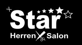 Schwarzes Logo "Star Herren Salon" mit Scheren und Sternen verziert.