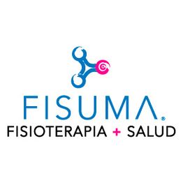 Logotipo de Fisuma: texto "Fisioterapia + Salud" con símbolo azul y rosa encima.