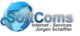 Logo von SoftComs, Internet-Dienste Jürgen Scheffler, mit Globus und Pfeil in Blau.