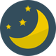 Icône de lune jaune et étoiles sur fond bleu foncé.