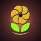 Ícone de flor estilizada amarela com folhas verdes em fundo marrom.