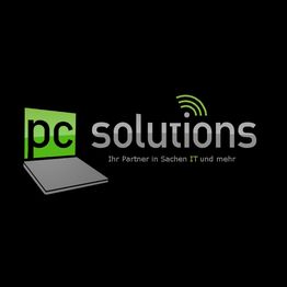 Logo von PC Solutions mit dem Slogan "Ihr Partner in Sachen IT und mehr" auf schwarzem Hintergrund.