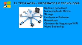 Banner da T.I. Tech Work com serviços de informática, tecnologia e imagem de dispositivos conectados.