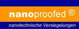 Logo mit Schriftzug "nanoproofed®" und "nanotechnische Versiegelungen" auf blau-orangem Hintergrund.