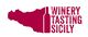 Silhouette della Sicilia con bottiglia di vino e testo: "Winery Tasting Sicily".