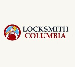 Logo of Locksmith Columbia with a cartoon locksmith holding a key in a red circle.