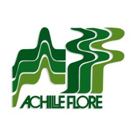Logo astratto verde con linee ondulate e testo "Achille Flore".