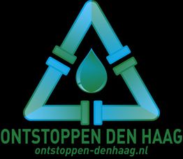Logo van Ontstoppen Den Haag met pijpen en een druppel in het midden.