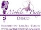 Mikrofon, Brautkleid und Text: "Mobile-Party Disco, Hochzeiten, Jubiläen, Events".