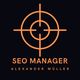 Zielscheiben-Symbol mit Text: "SEO Manager Alexander Müller" in orange auf schwarzem Hintergrund.