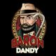 Logotipo de barbero: hombre con sombrero, bigote y bastón, y texto "Barón Barbier Dandy".