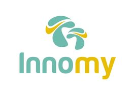 Logotipo de Innomy con diseño abstracto en turquesa y amarillo.