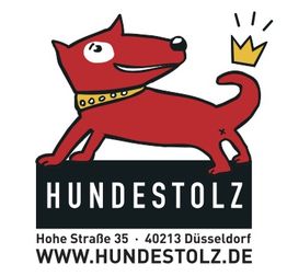 Ein roter Hund mit Krone, Text: Hundestolz, Adresse und Website in Düsseldorf.