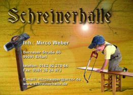 Werbung für eine Schreinerei mit Kind, das auf einer Bank sägt. Ansprechpartner: Mirco Weber.