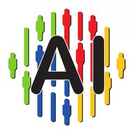 Buntes AI-Logo mit roten, blauen, grünen und gelben Figurenlinien im Hintergrund.
