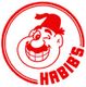 Logotipo do Habib's em vermelho com desenho de rosto sorridente e piscando, usando um chapéu.