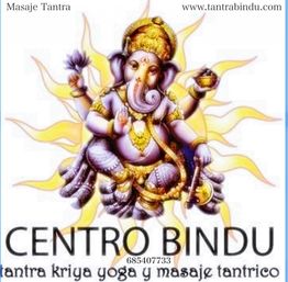 Dibujo de Ganesha con textos "Centro Bindu", "tantra kriya yoga y masaje tántrico".