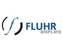 Logo von "Fluhr Displays" mit einem stilisierten "f" in Blau und Schwarz auf weißem Hintergrund.