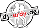 Tanzende Silhouetten mit Schriftzug: "dj-andy.de" in Schwarz und Rot auf grauem Kreis.