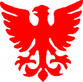 Roter, stilisierter Adler mit ausgebreiteten Flügeln auf weißem Hintergrund.