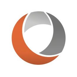 Abstract logo with overlapping orange and gray crescent shapes forming a circle.