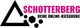 Schwarzes Dreieck, Schottersteine, Text: "SCHOTTERBERG DEINE ONLINE-KIESGRUBE" in Pink.
