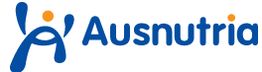 Logo van Ausnutria met gestileerde menselijke figuur in blauw en oranje.