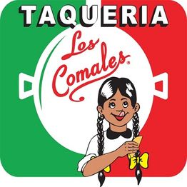 Logo featuring a girl with braids holding a taco, text "Taqueria Los Comales," and a red-green background.