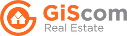 Logo de GiScom Real Estate con icono de casa, letras naranjas y grises sobre fondo negro.