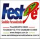 Logotipo da Fest Pé com contatos telefônicos e sites para vendas de sandálias personalizadas.