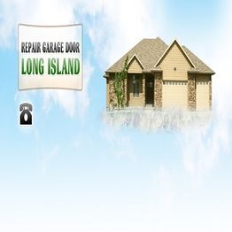 House with sign: "Repair Garage Door Long Island" and a phone icon on a cloudy sky background.