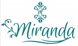 Texto decorativo: "Miranda" con adornos florales en azul.