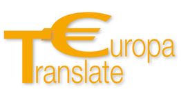 Logo mit stilisiertem "T" und "€", daneben der Text "Europa Translate" in orangefarbener Schrift.