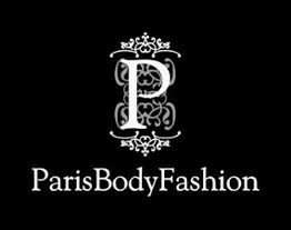 Schwarzes Logo mit verziertem "P" und dem Schriftzug "ParisBodyFashion" darunter.