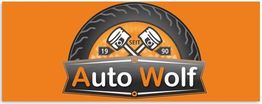 Logo von Auto Wolf mit Reifen, zwei Kolben und "Seit 1990" in Orange und Schwarz.