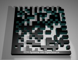3D-QR-Code mit der Aufschrift "EDV-Systeme mit OpenSource" auf der Vorderseite.