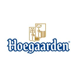 Logotipo da Hoegaarden com símbolos dourados de taça e escudo acima do nome em azul.