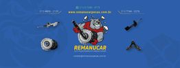 Imagem de fundo azul com logotipo da Remanucar e peças automotivas ao redor.