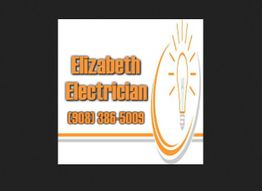 "Logo with text 'Elizabeth Electrician' and phone number. Orange light bulb illustration."