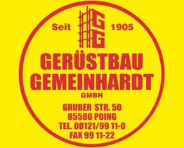 Logo von Gerüstbau Gemeinhardt GmbH, Poing, mit Kontaktinformationen auf gelbem Hintergrund.