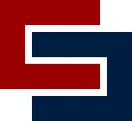 Rote und blaue verschlungene Formen auf weißem Hintergrund, die ineinander greifen.